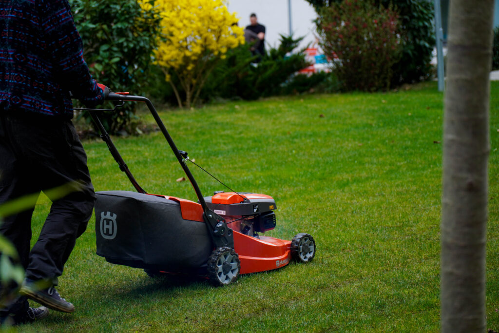 Gazon tuns primăvara cu o masina de tuns husqvarna.